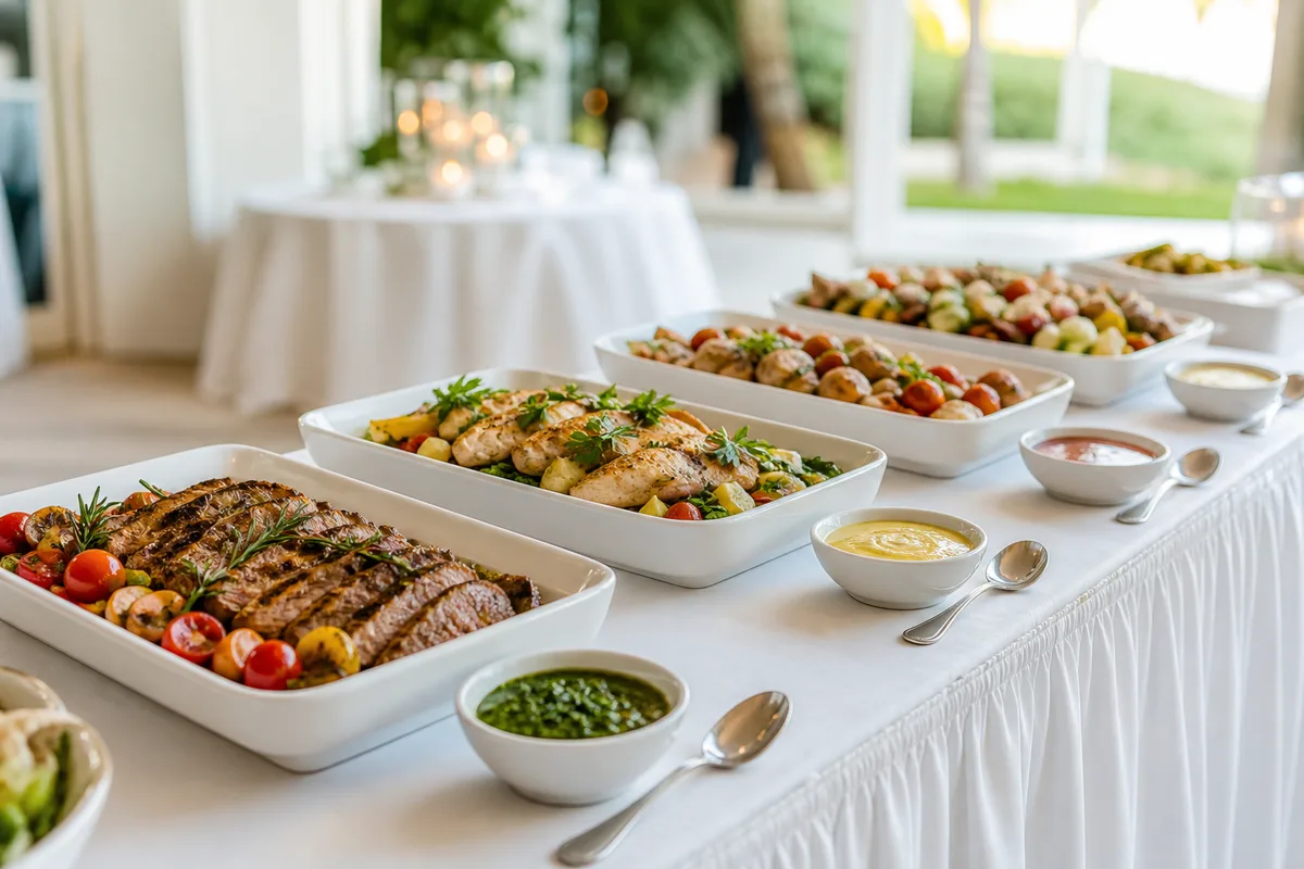 Plats de buffet alignés sur une nappe blanche avec coupelles de sauces servies à part
