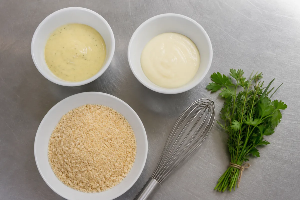 Plan de travail avec bols de sauces claires, panure blonde et bouquet d’herbes fraîches