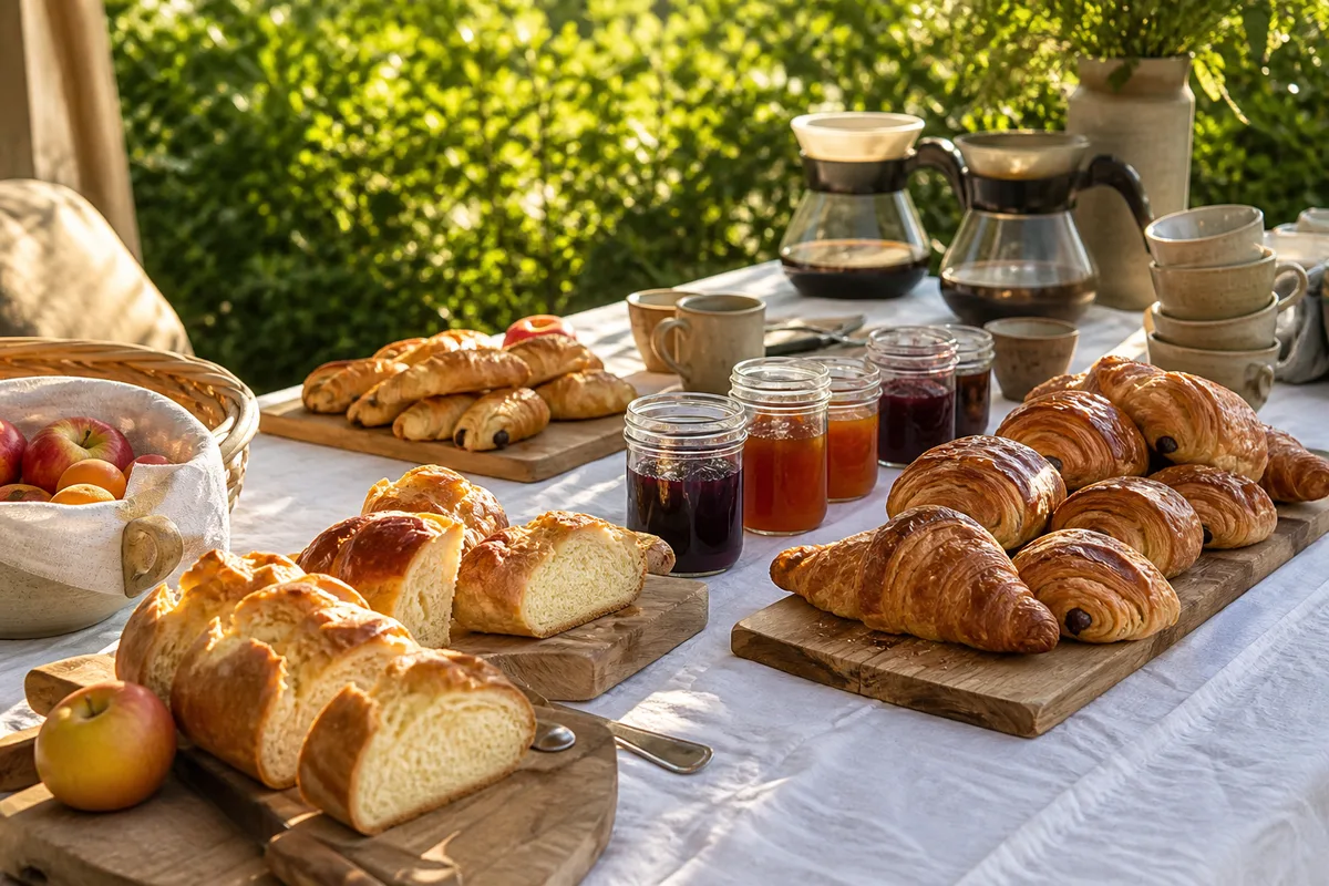 Table de brunch dressée en extérieur avec viennoiseries, fruits frais et cafetières