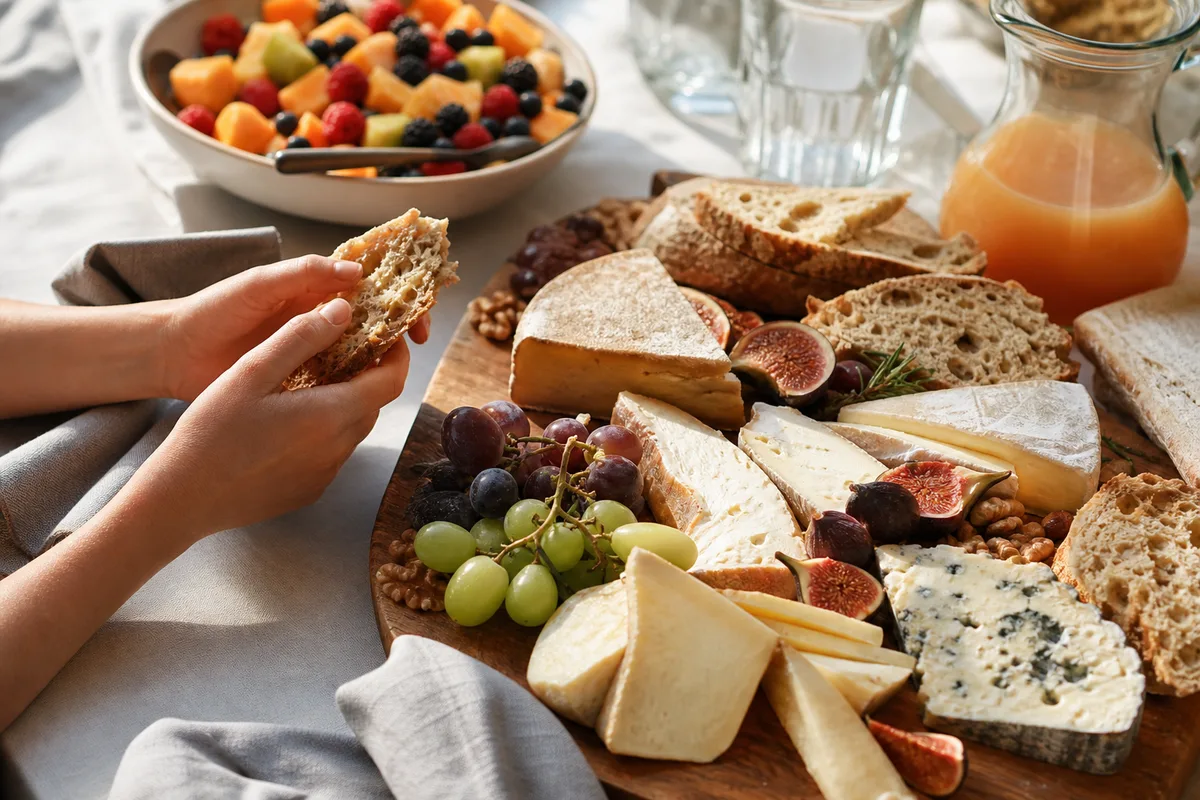 Buffet de brunch avec plateau de fromages, fruits découpés et carafes de jus