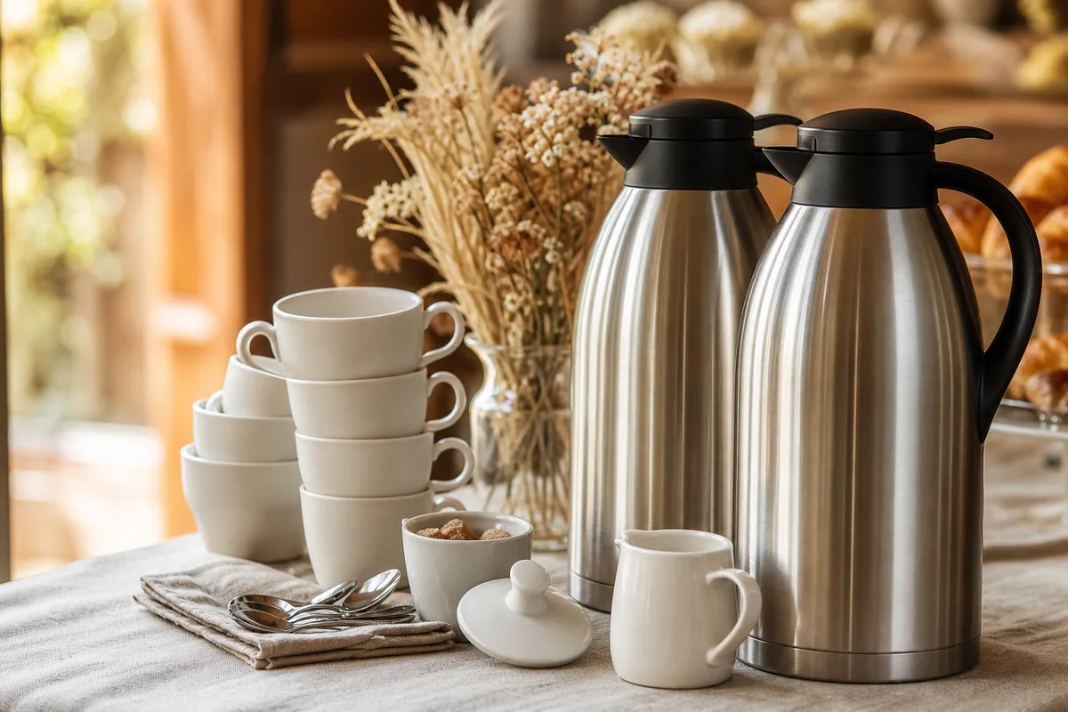 Coin café d&rsquo;un brunch, thermos et tasses empilées sur une nappe en lin