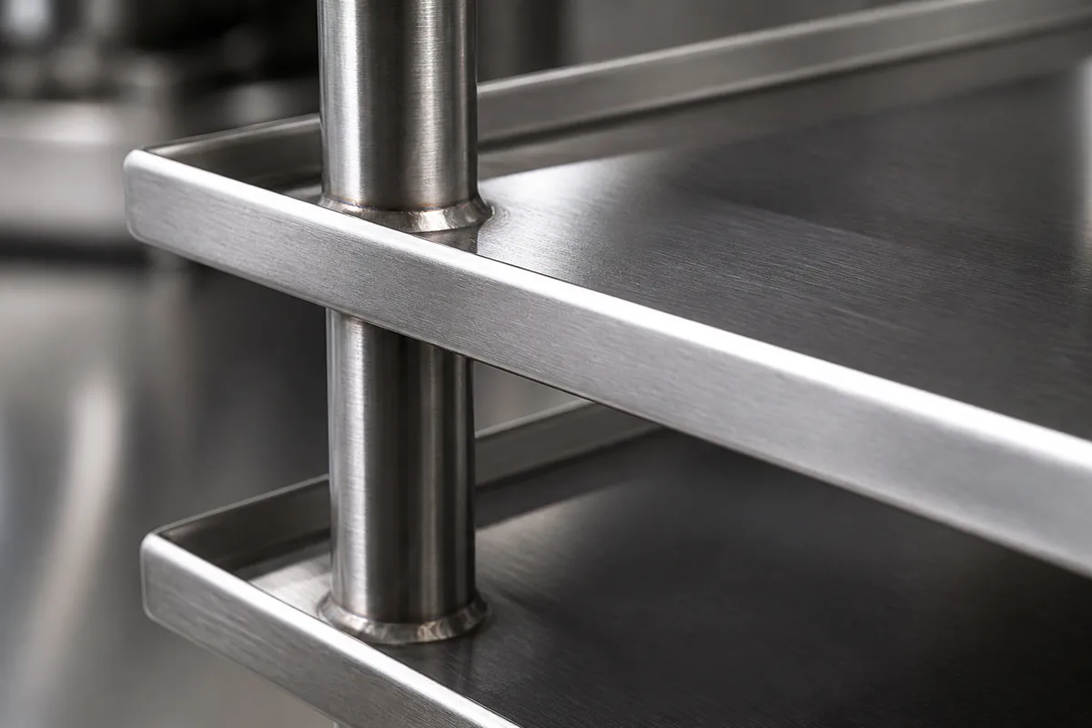 Plateaux superposés en acier inoxydable brossé et montants tubulaires d&rsquo;un chariot professionnel