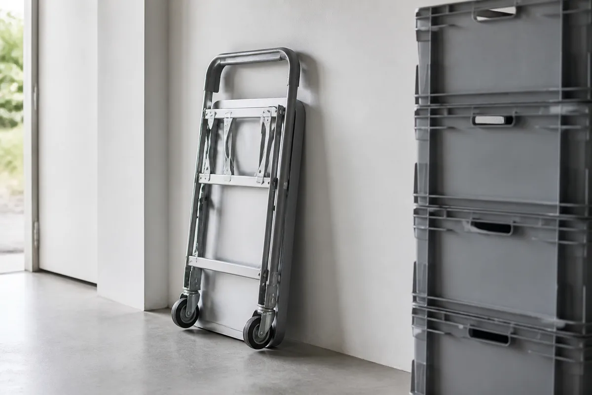 Chariot de service replié et rangé contre un mur clair dans un local de stockage