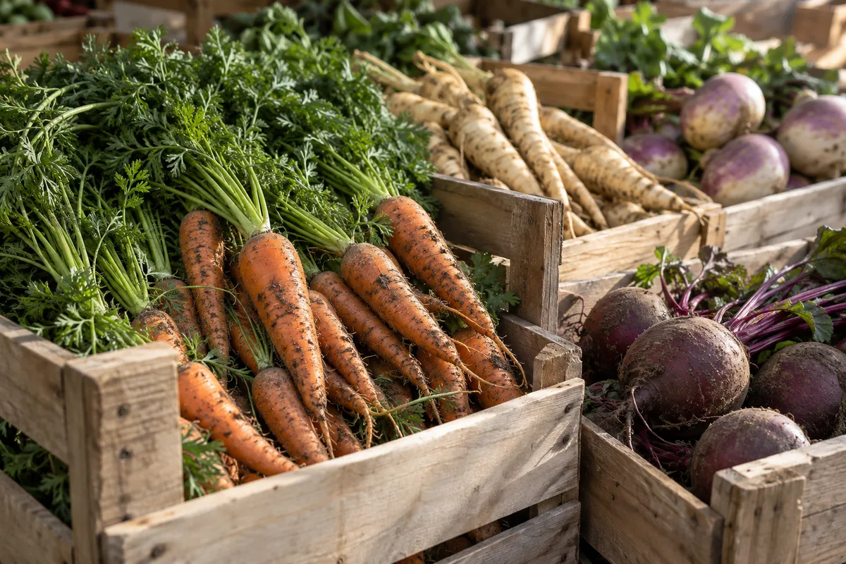 Cageots de légumes racines posés sur un étal de marché