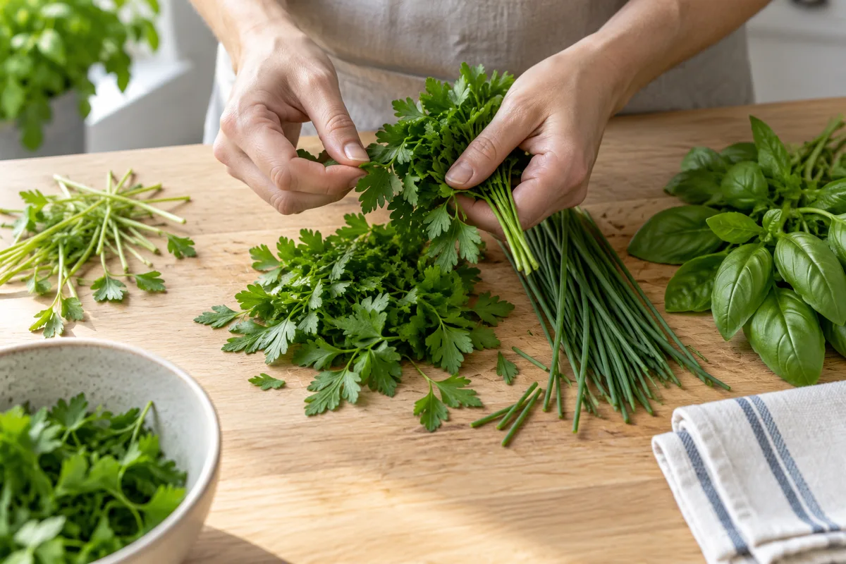 Mains qui trient des herbes fraîches sur un plan de travail en bois