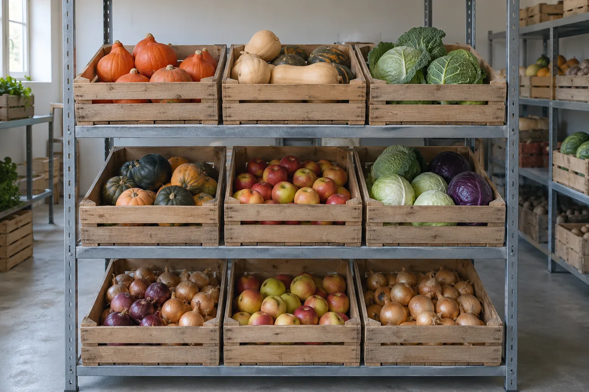 Cagettes de légumes empilées dans une réserve fraîche