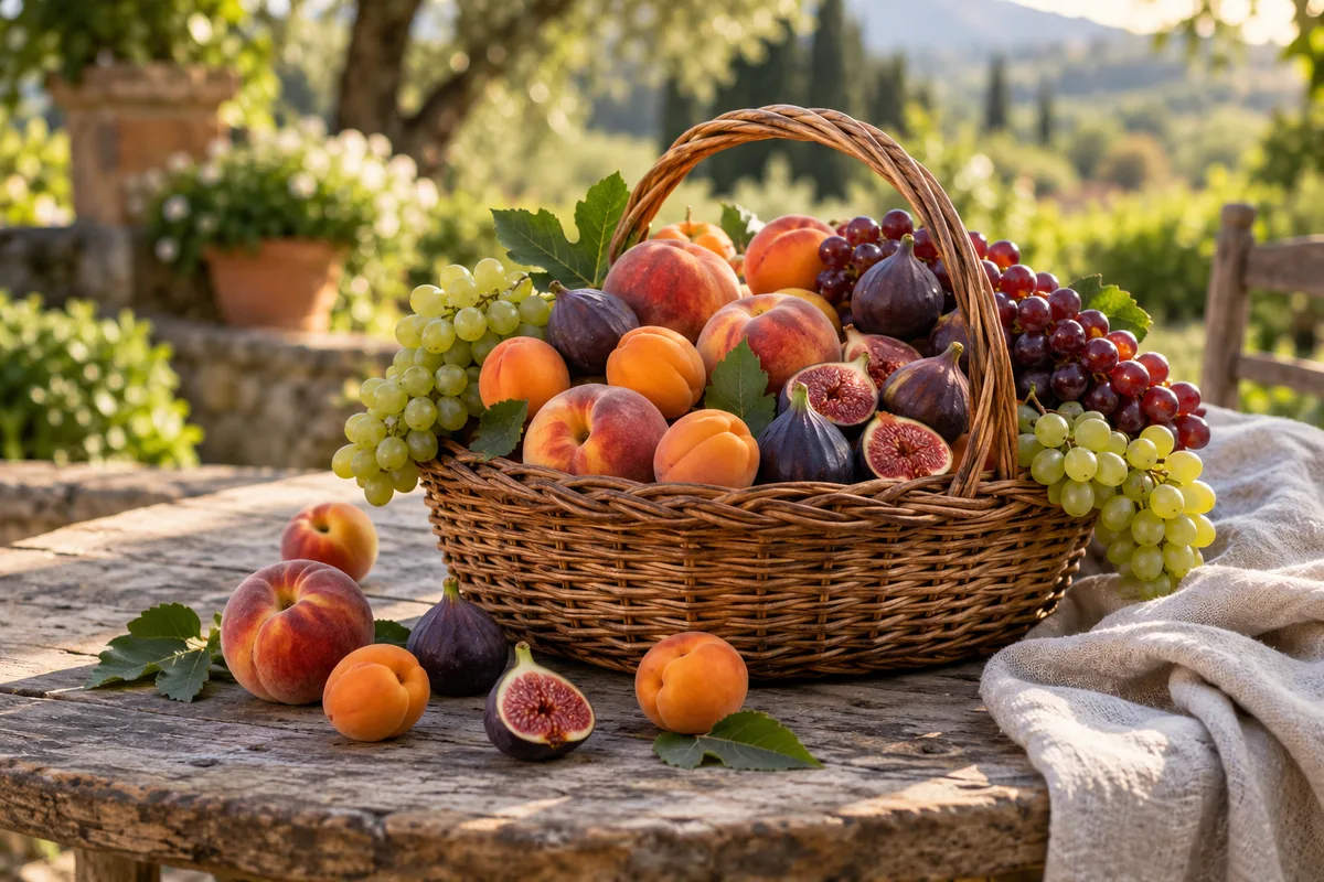 Panier de fruits d&rsquo;été posé sur une table en bois