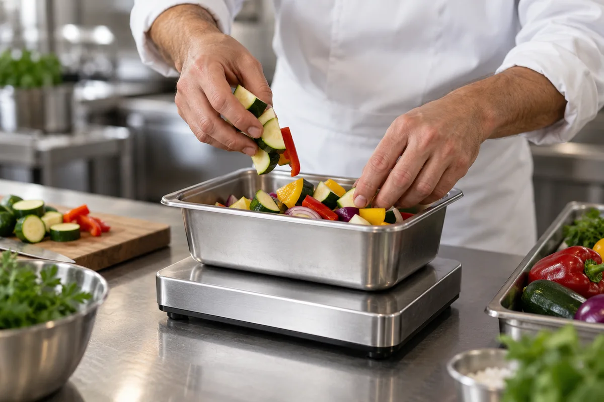 Mains pesant des légumes dans un bac sur une balance de cuisine