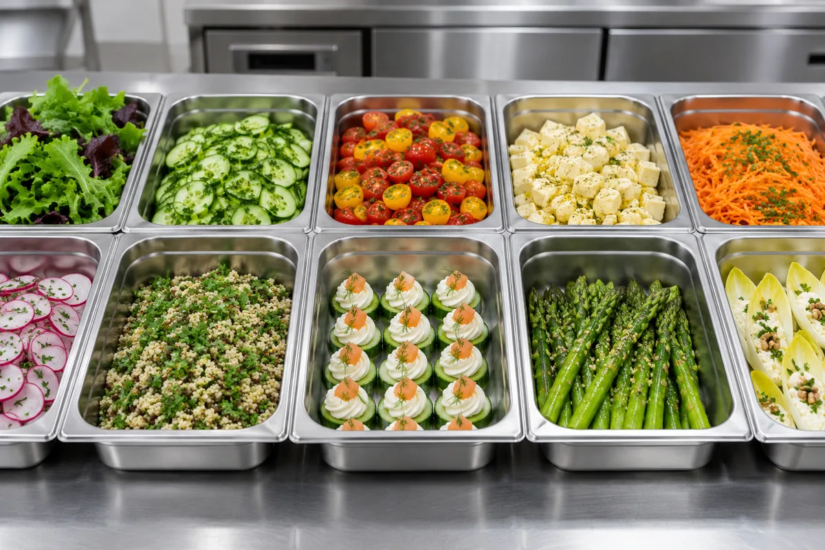 Bacs gastronormes en inox remplis de préparations froides en laboratoire