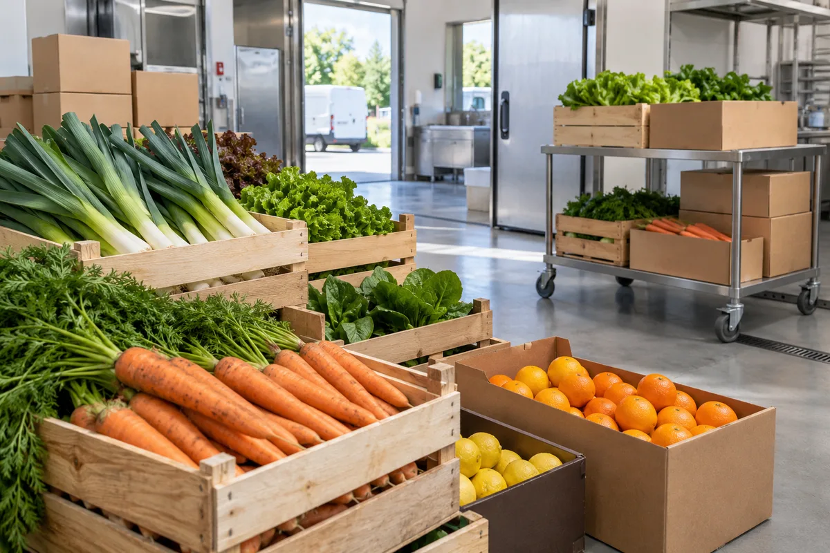 Caisses de légumes frais empilées à la réception des marchandises