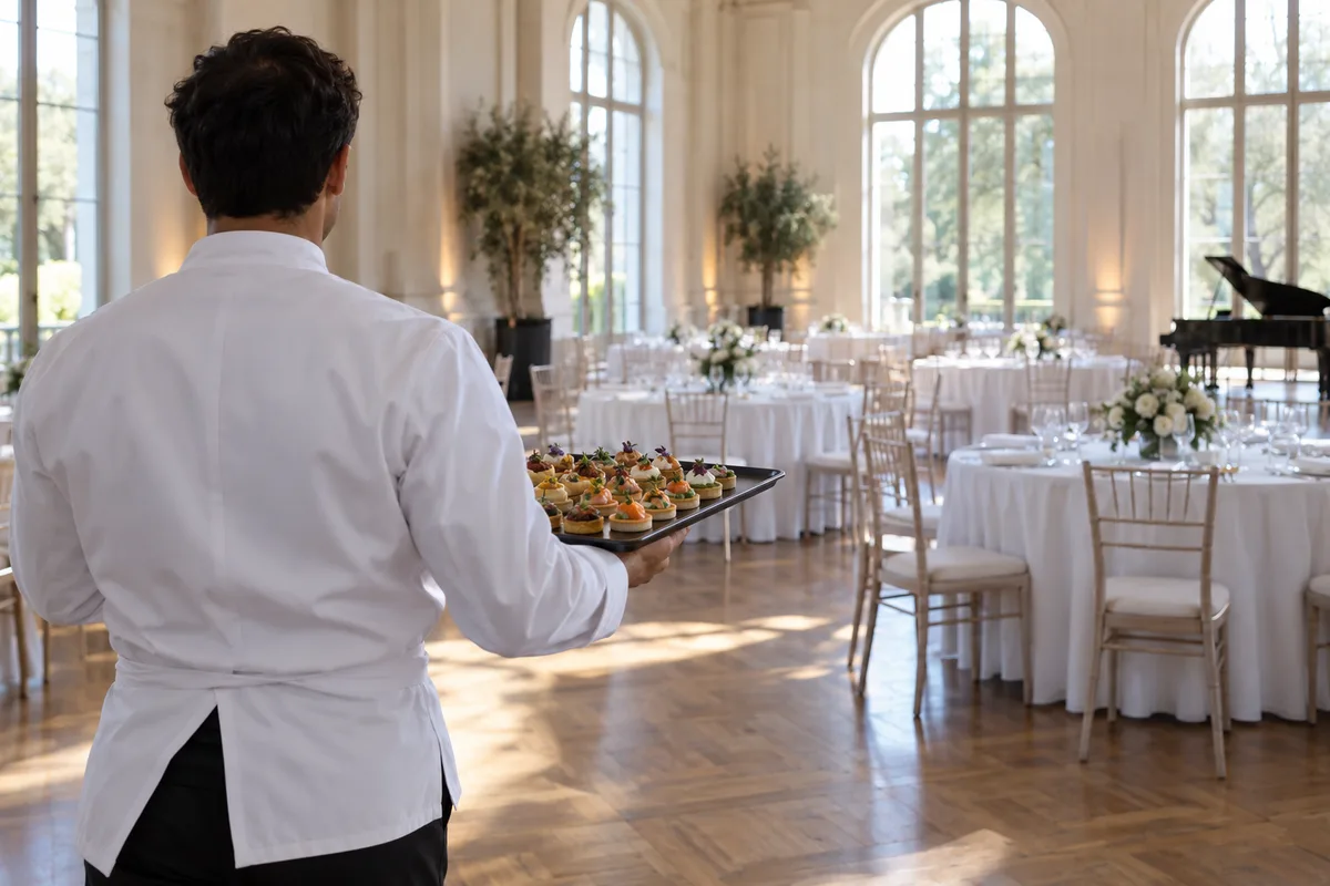 Plateaux de bouchées salées portés à deux mains vers une salle de réception vide