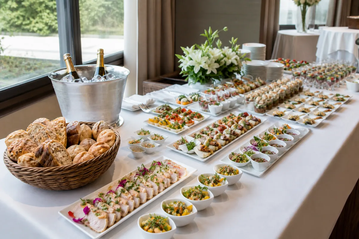 Buffet de mariage dressé sur nappe blanche avec pièces froides et légumes de saison