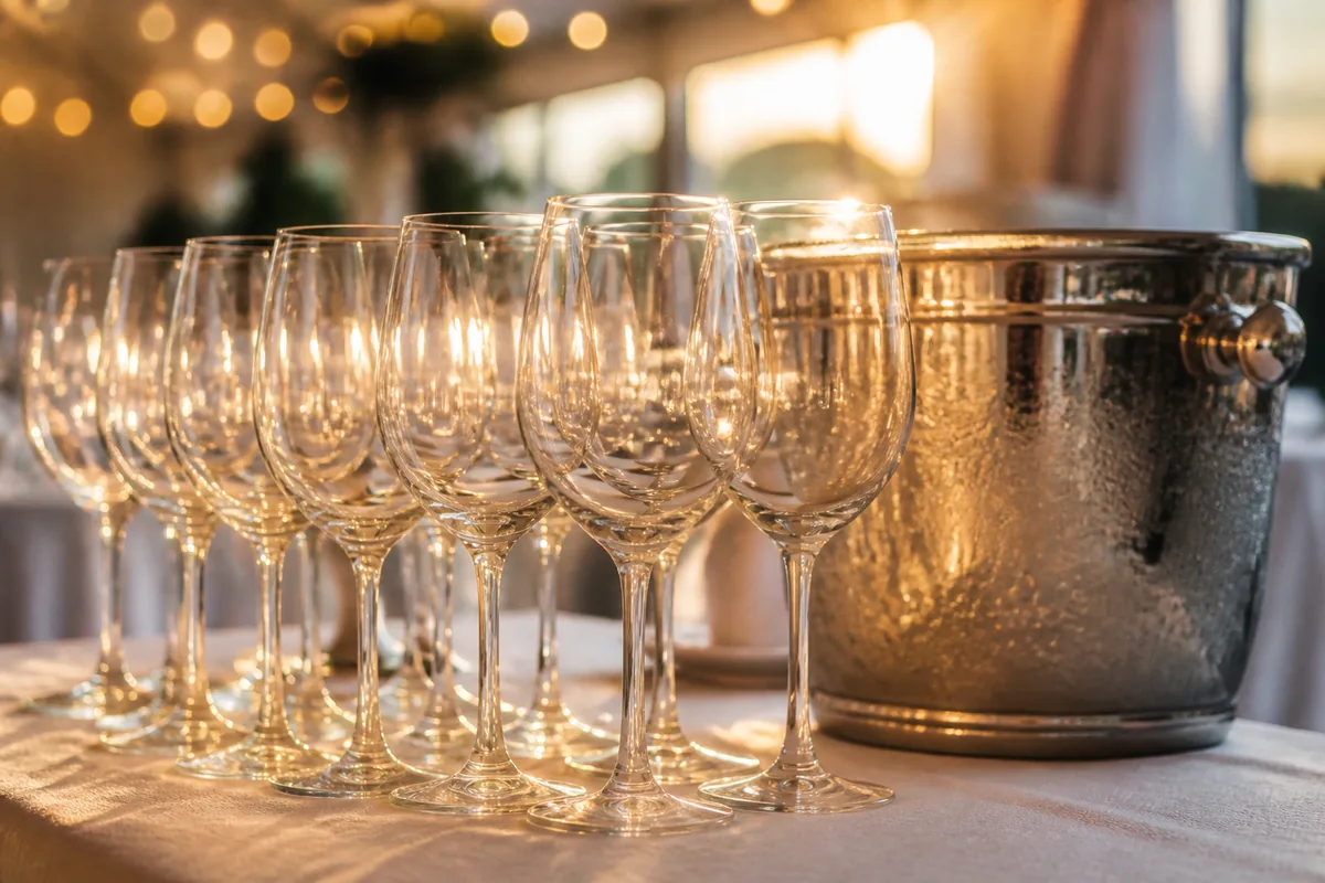 Rangée de verres à vin alignés sur une nappe de lin clair dans une salle de réception