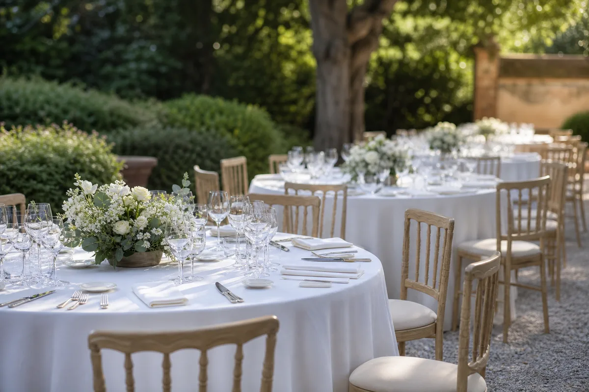 Rangée de tables rondes dressées en extérieur avec nappage blanc et centres de table floraux