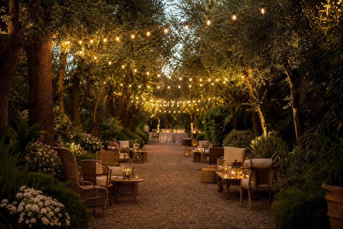 Allée de jardin aménagée avec guirlandes lumineuses et mobilier de réception pour un événement extérieur