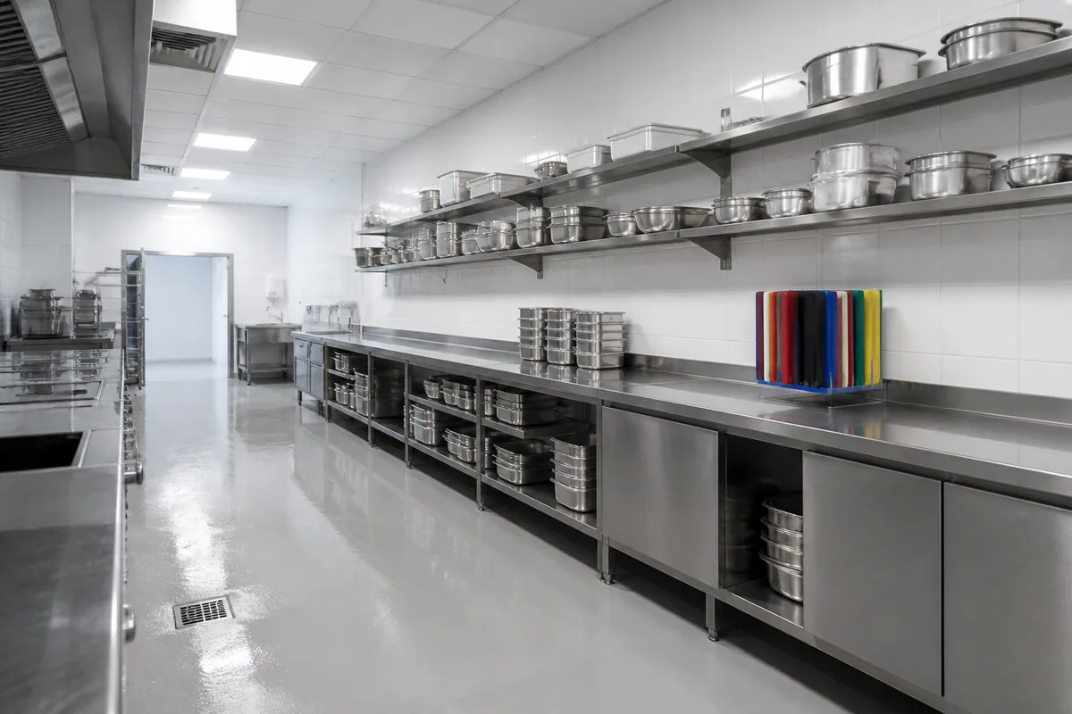 Laboratoire de traiteur avec plans de travail en inox et bacs gastronomes alignés