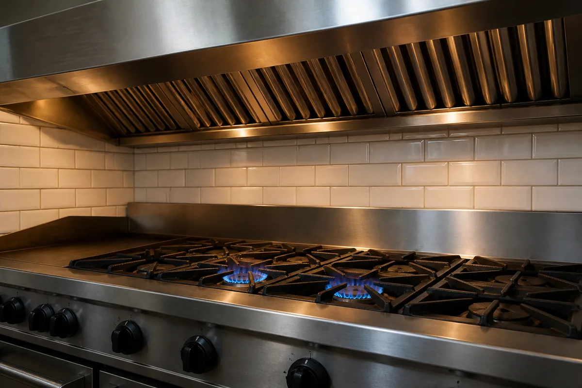 Hotte d&rsquo;extraction en inox surplombant un bloc de cuisson professionnel à feux vifs