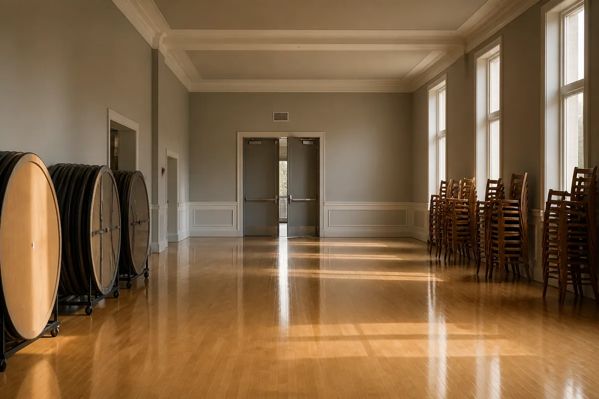 Salle de réception vide, parquet clair et grandes fenêtres, tables rondes empilées le long du mur
