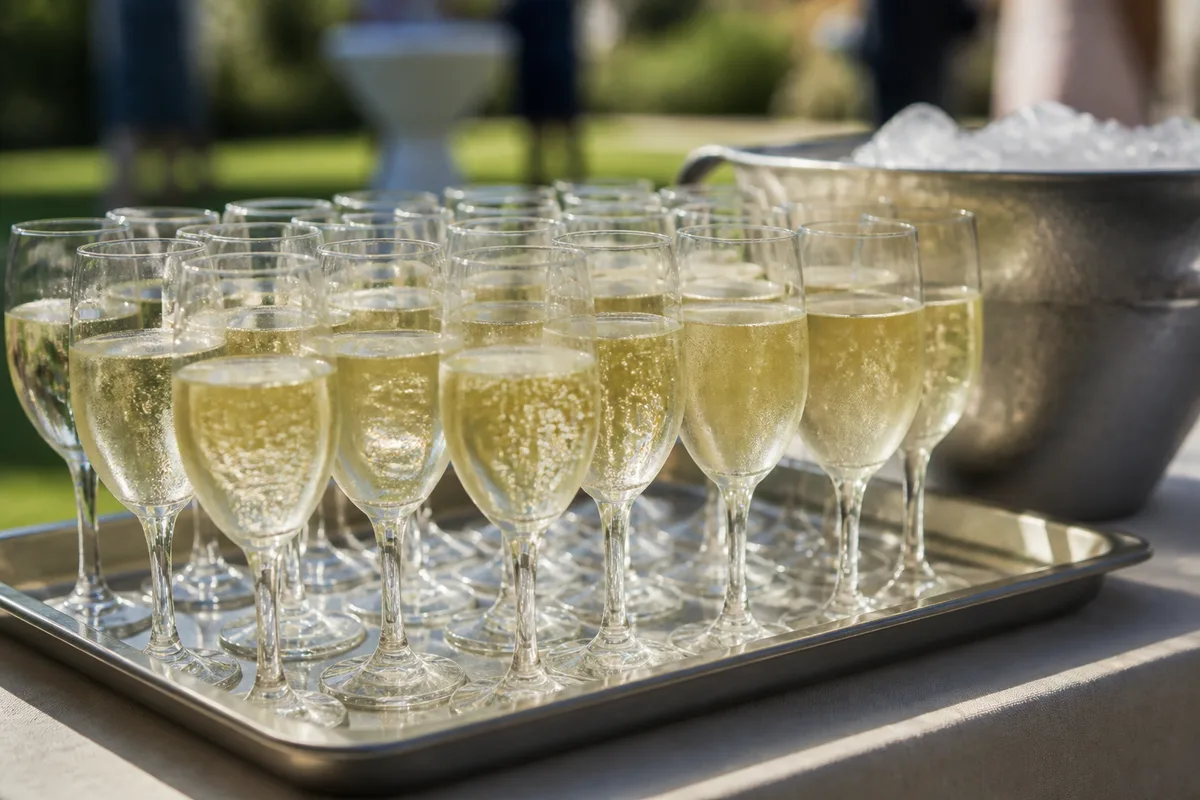 Coupes de champagne alignées sur un plateau lors d&rsquo;un vin d&rsquo;honneur en extérieur