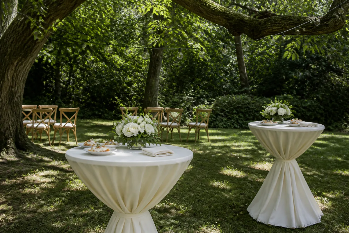 Mange-debout habillés et bouchées cocktail disposées dans un jardin ombragé